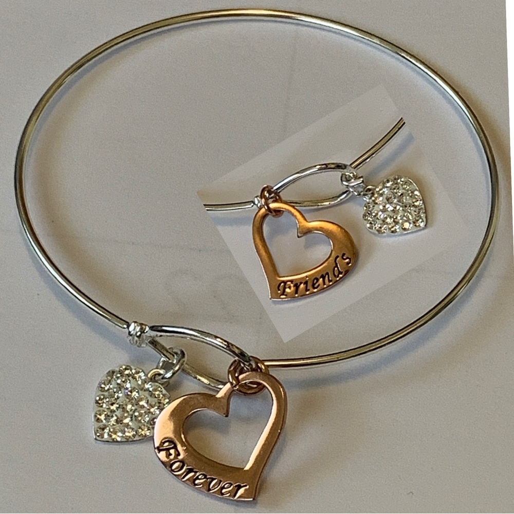 Rose Gld Fine Silvr Plated Crystal "Forever Friends" Heart Catch Bangle Bracelet